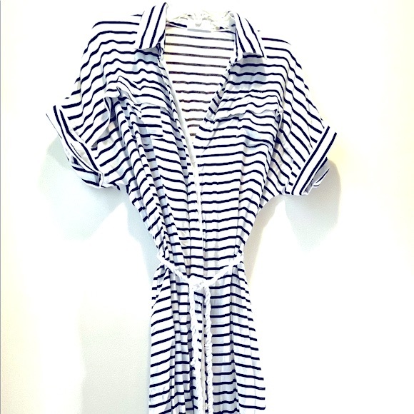 Mustard Seed Other - Short Sleeved White and Black Striped Button-up Bathing Suit Coverup, Size M